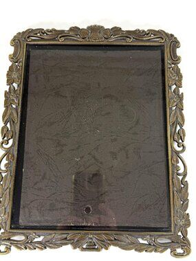 Vintage Ornate Brass Picture Frame Floral Design Rectangular Tabletop Easel Stan